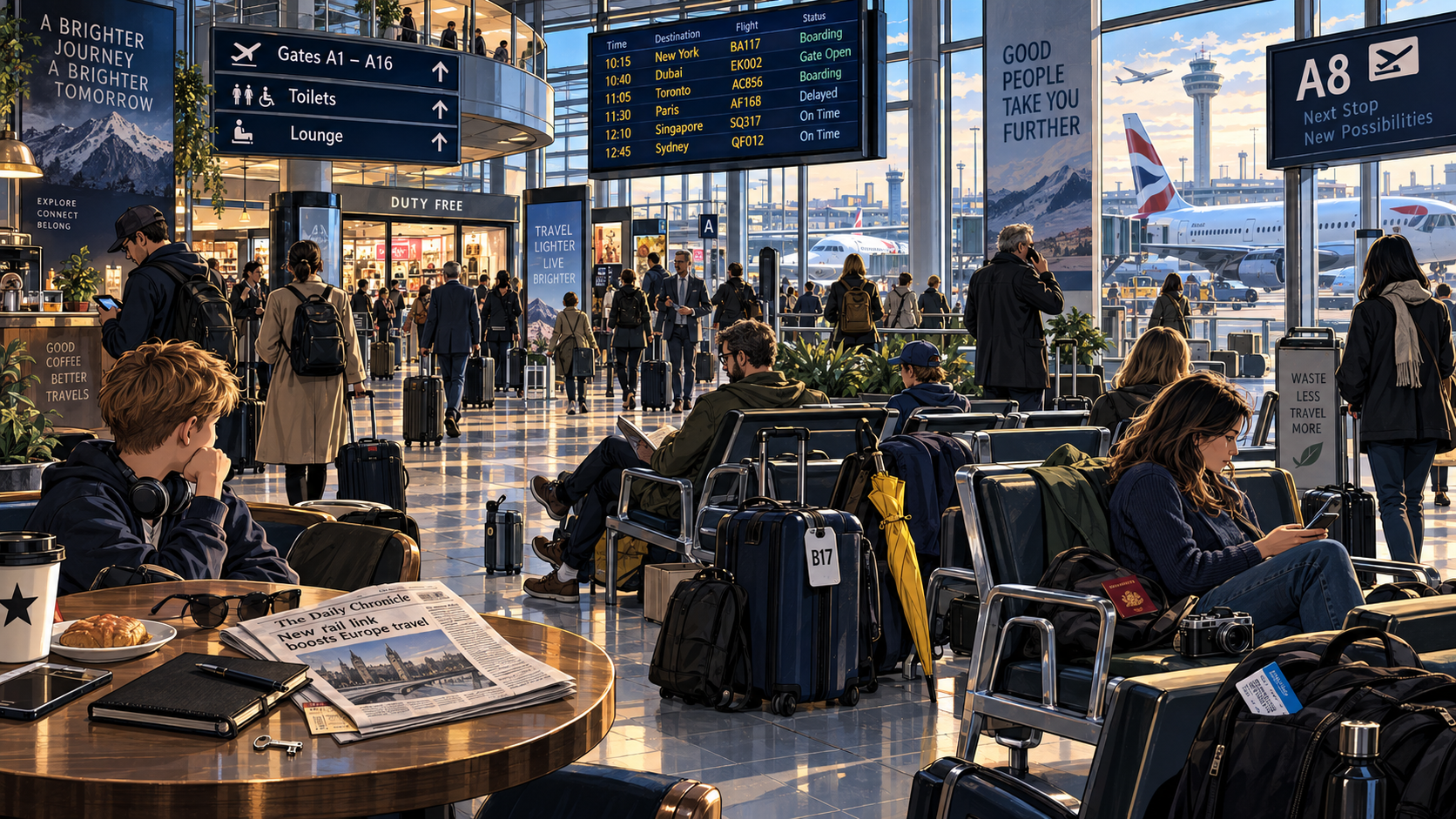 Illustrated busy airport departure lounge used for an observation mission