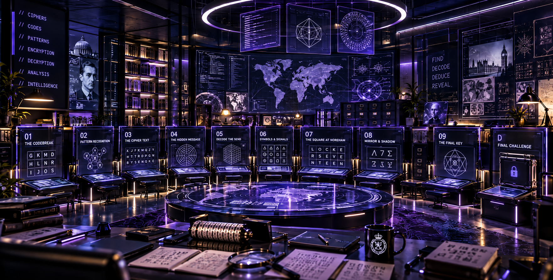 The Cipher Office with nine illuminated cipher stations and D’s final transmission