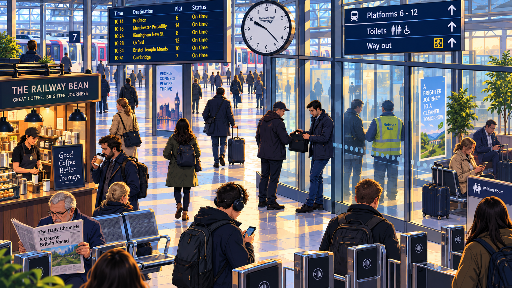 Illustrated surveillance view of a busy British railway station concourse